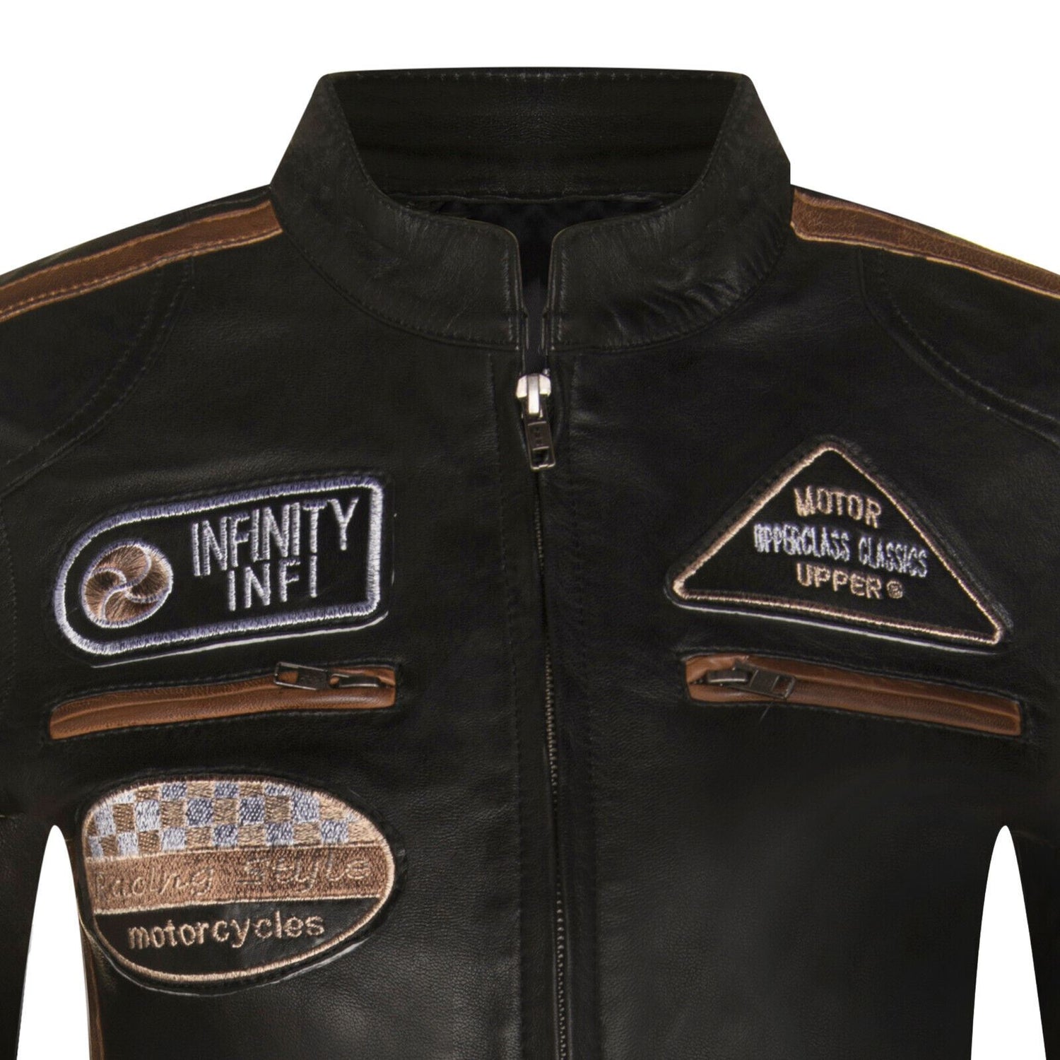 Womens Biker Racing Badges Leather Jacket-Eastleigh - Upperclass Fashions 