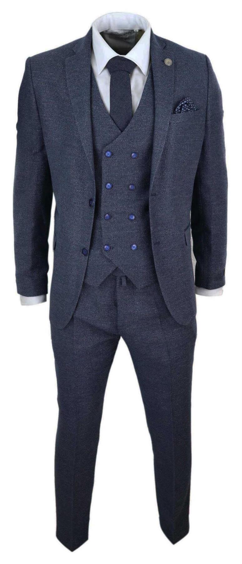 Mens Blue Wool Piece Suit Double Breasted Waistcoat Tweed Peaky
