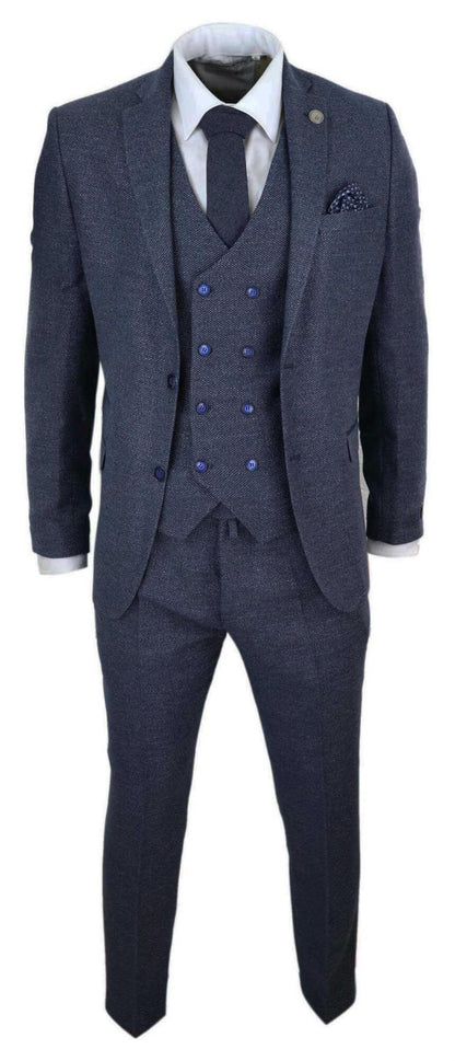 Mens Blue Wool 3 Piece Suit Double Breasted Waistcoat Tweed Peaky Blinders 1920s - Upperclass Fashions 