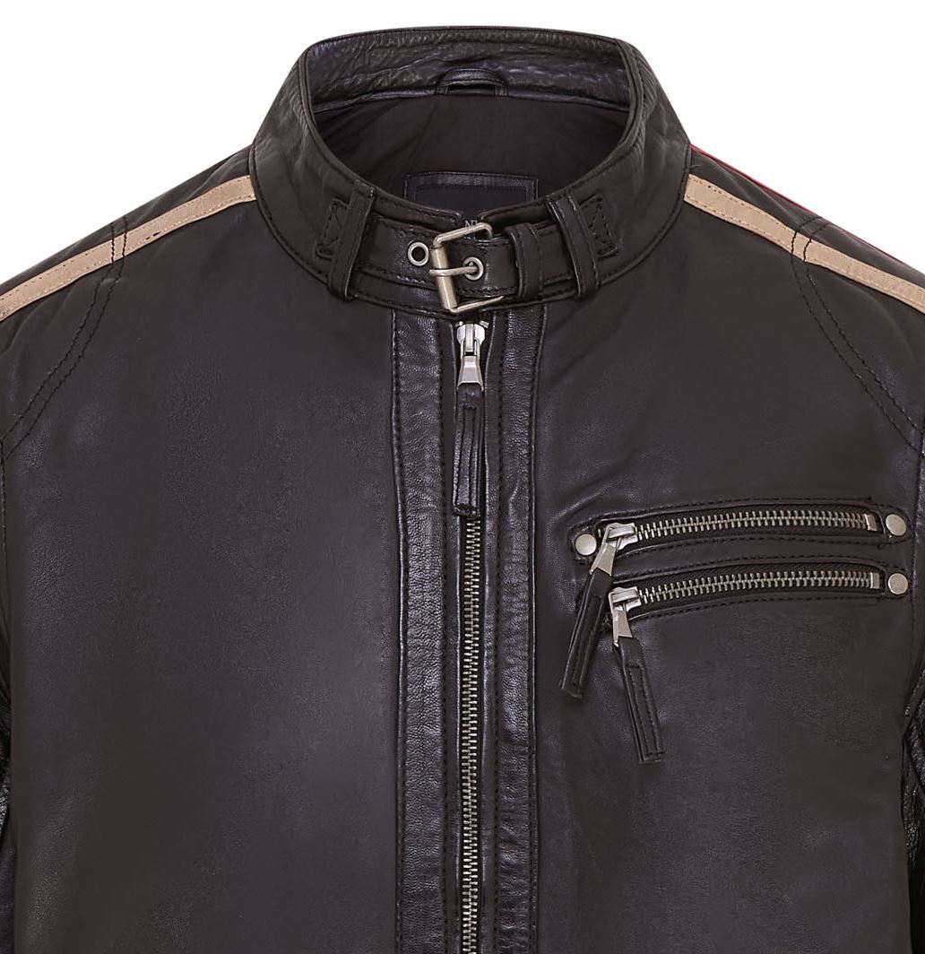 Mens Striped Café Racer Biker Leather Jacket - Alta