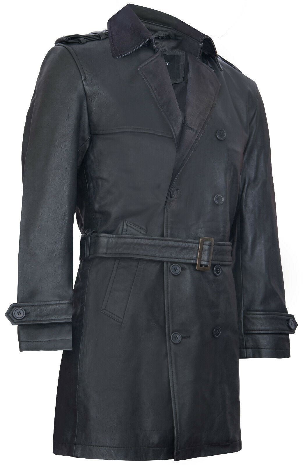 Mens Black Leather Trench Overcoat-Edenbridge