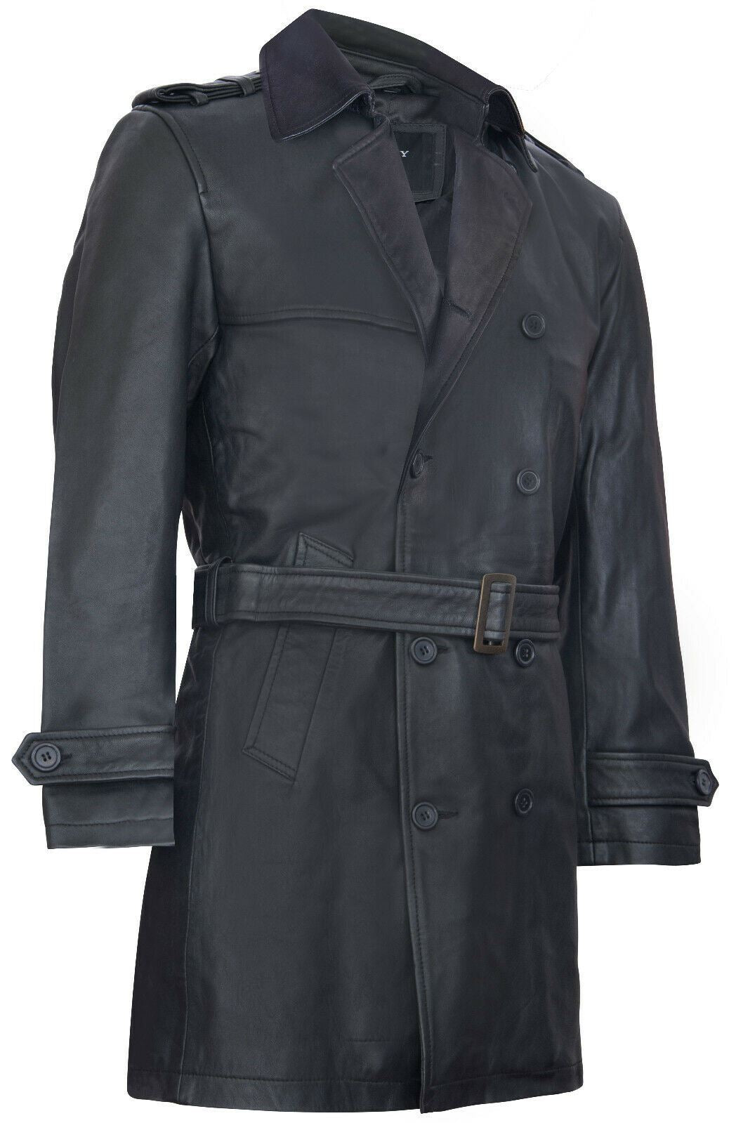 Mens Black Leather Trench Overcoat-Edenbridge