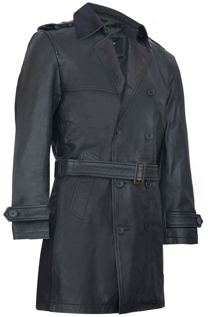 Mens Black Leather Trench Overcoat-Edenbridge