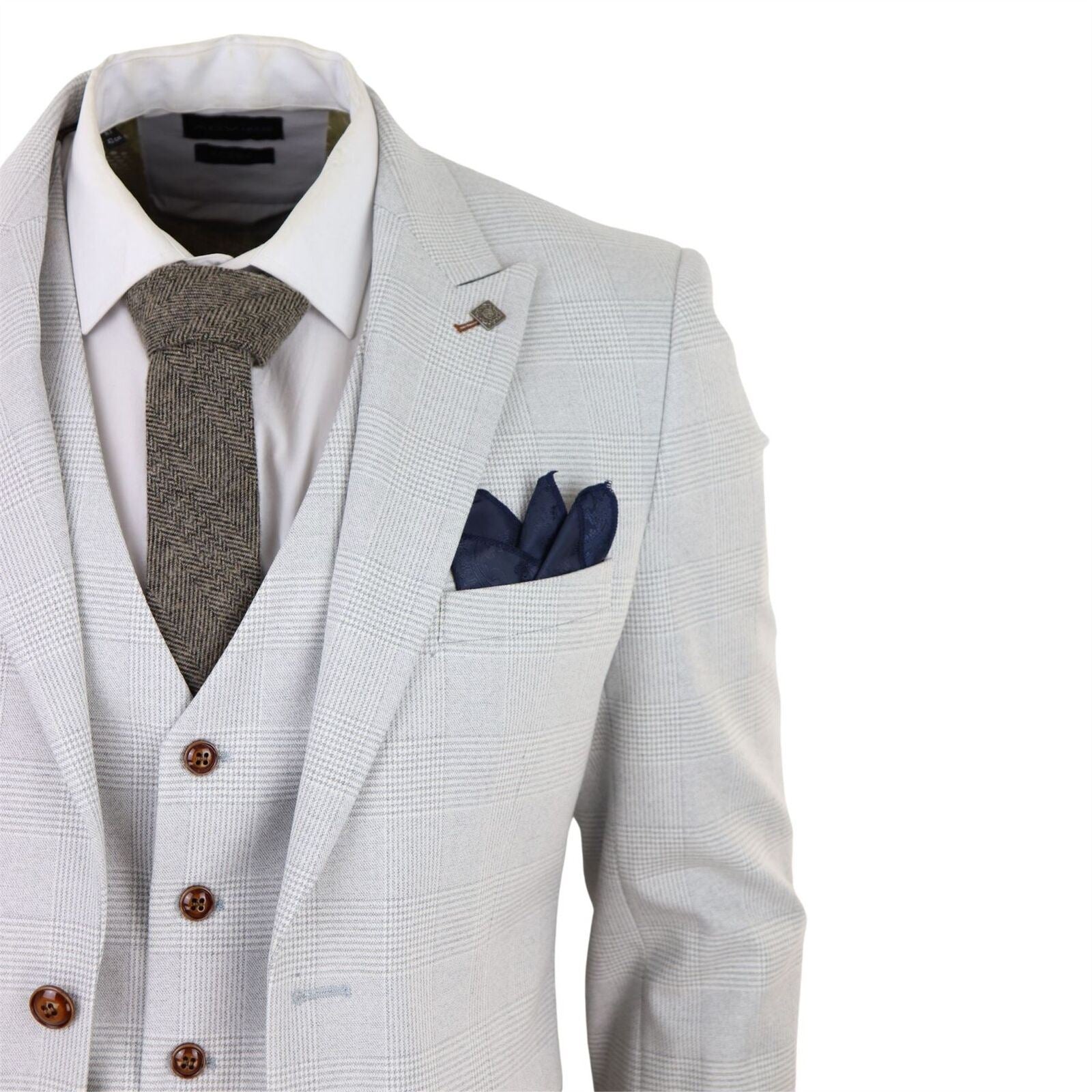 Mens Grey Stone 3 Piece Tweed Check Suit - Upperclass Fashions 