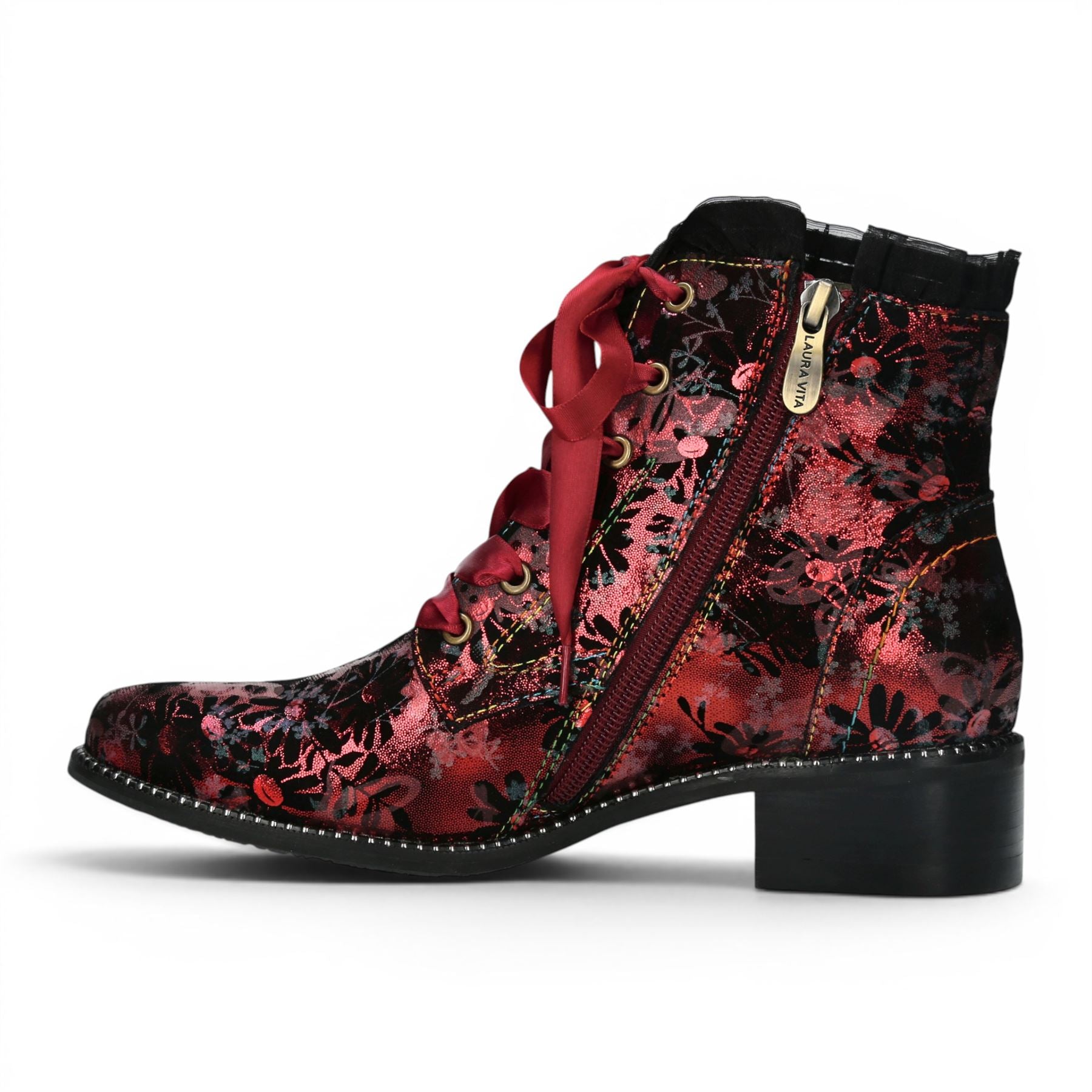 Laura Vita Floral Womens Gothic Victorian Red Leather Ankle Heeled Boots - Emcmao-45