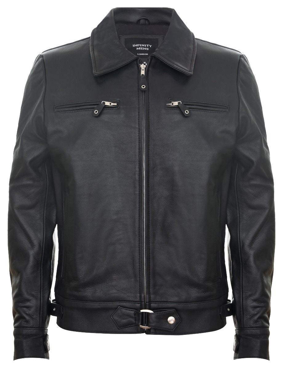 Mens Black Cowhide Leather Harrington Jacket-Skipton
