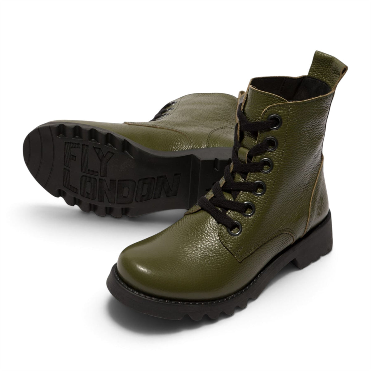 Fly London Womens Military Green Leather Lace-Up Heeled Ankle Boots - RAMY488