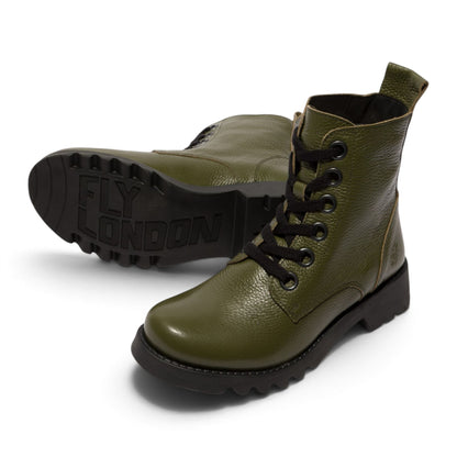 Fly London Womens Military Green Leather Lace-Up Heeled Ankle Boots - RAMY488