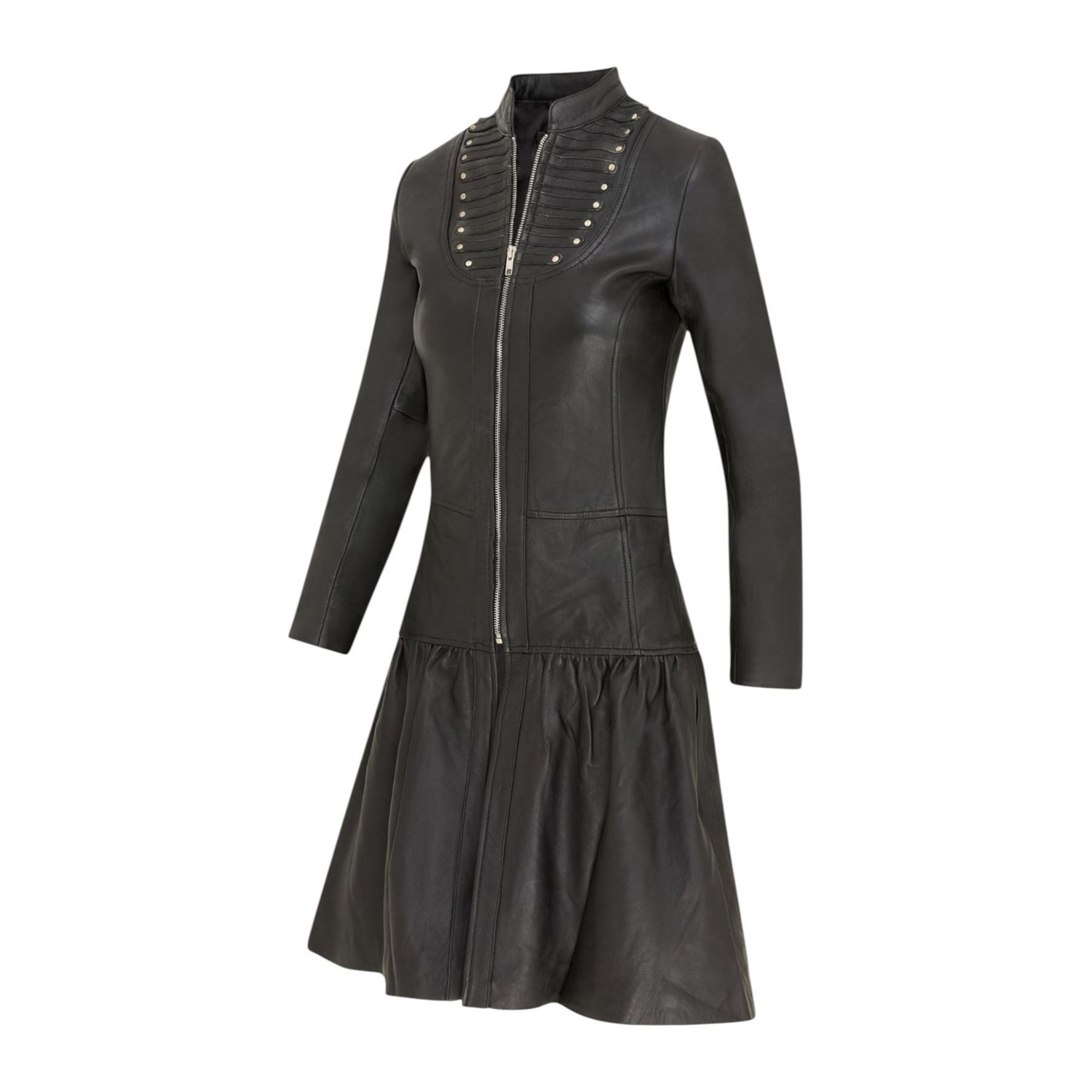 Womens Goth Leather Victorian Studded Flare Coat- Ribet