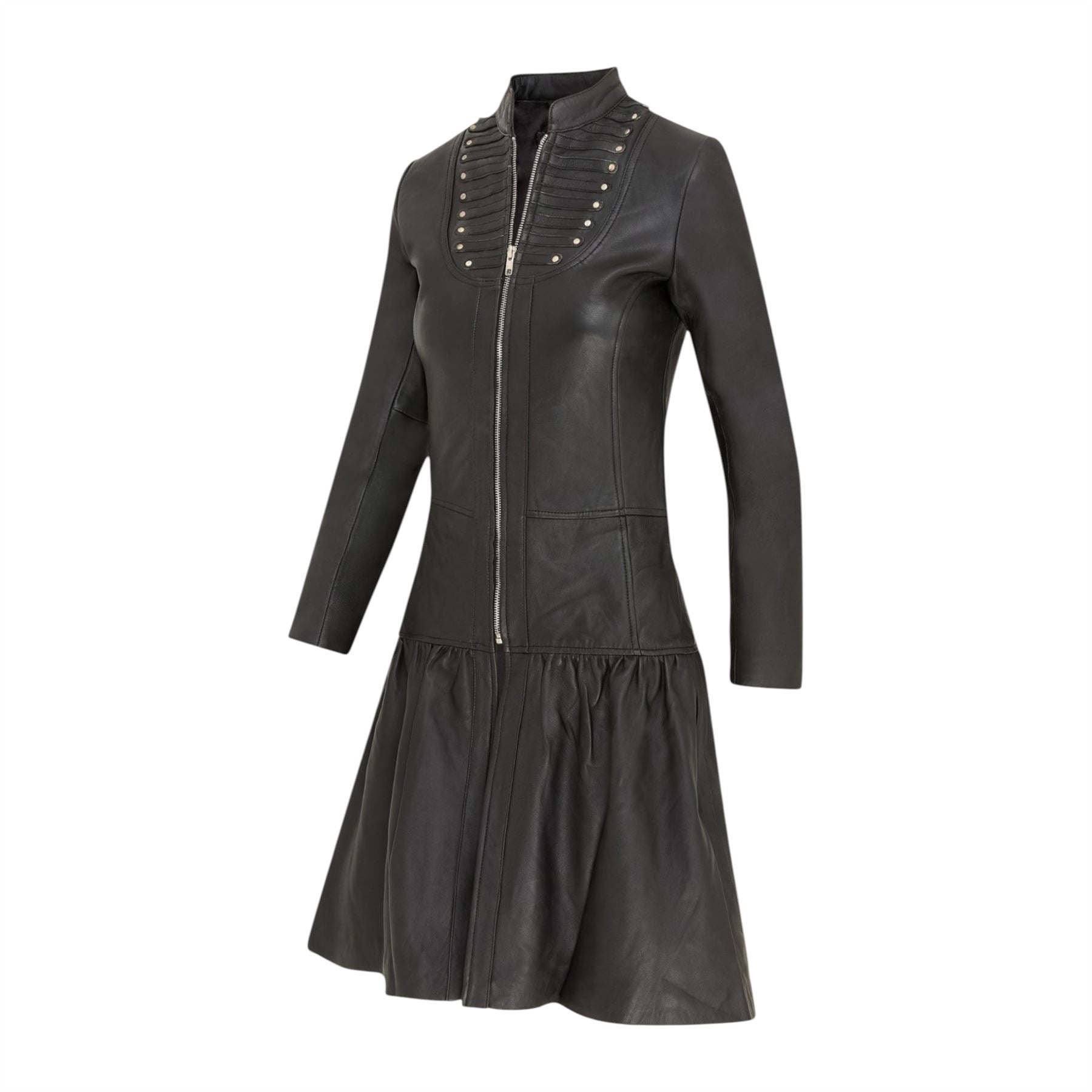 Womens Goth Leather Victorian Studded Flare Coat- Ribet