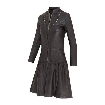 Womens Goth Leather Victorian Studded Flare Coat- Ribet