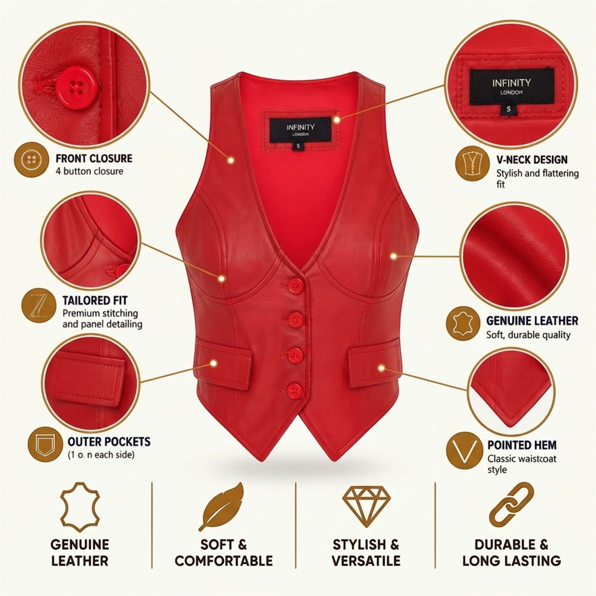 Womens Red Leather Waistcoat Biker Vest - MAM-WC