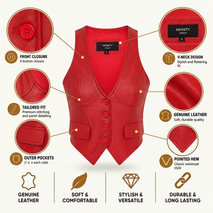 Womens Red Leather Waistcoat Biker Vest - MAM-WC