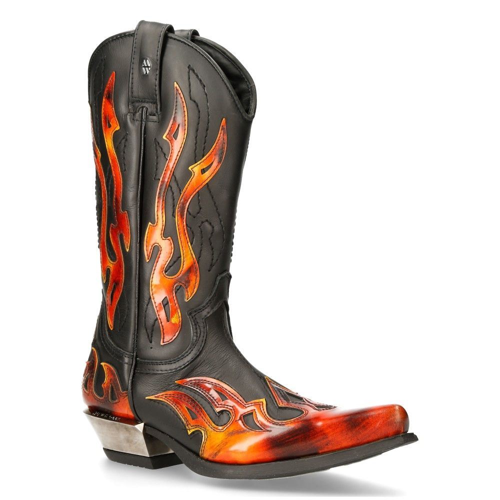New Rock Flame Accented Black/Red Mid-Calf Cowboy Boots-7921-S2