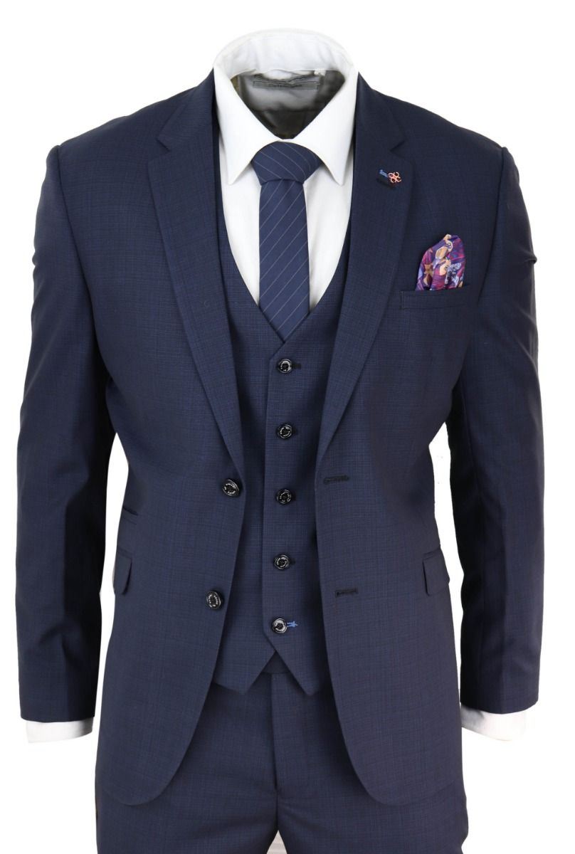 Mens 3 Piece Navy Blue Tailored Fit Retro Classic Suit - Upperclass Fashions 