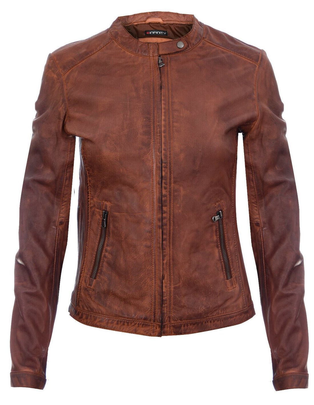 Womens Tan Vintage Leather Biker Jacket-Lydney
