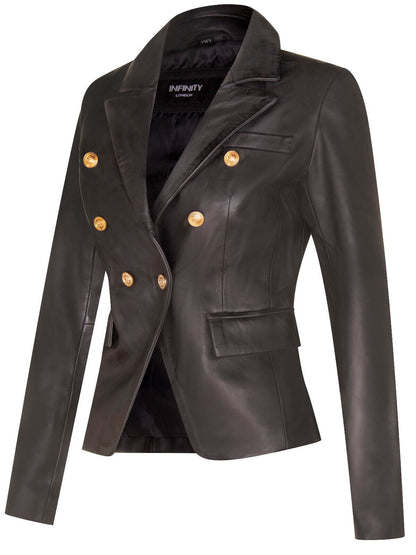 Womens Classic Leather Military Blazer Jacket-Newent