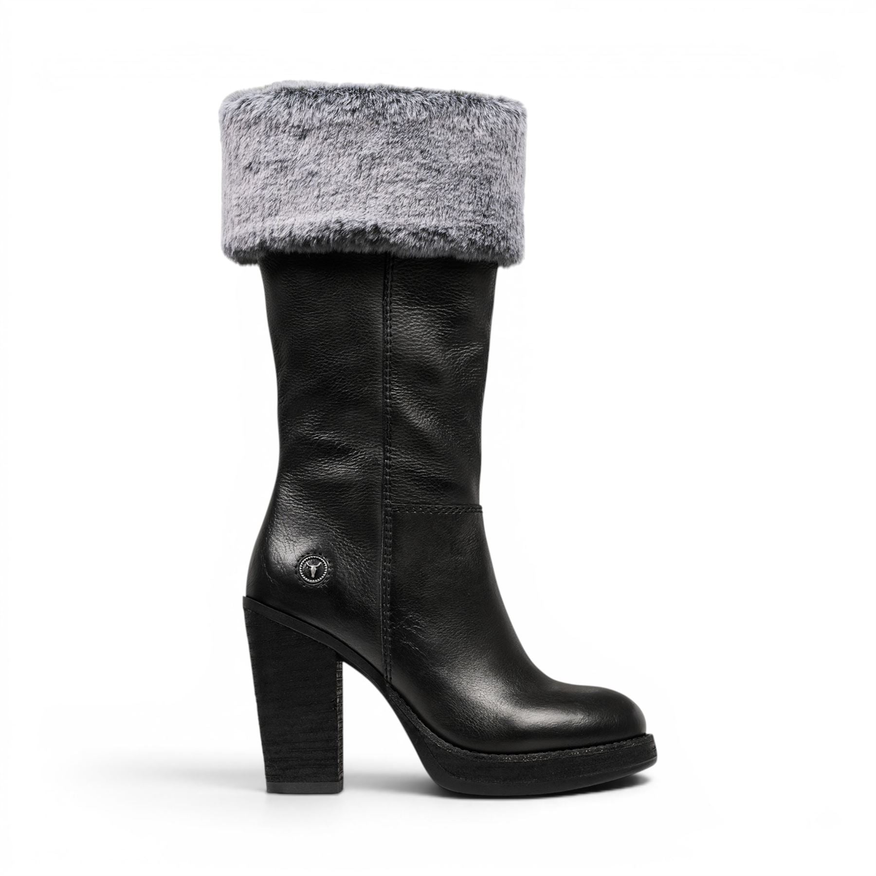 Windsorsmith Womens Mid Calf Black Leather High Heel Fur Boots - Lovestruck