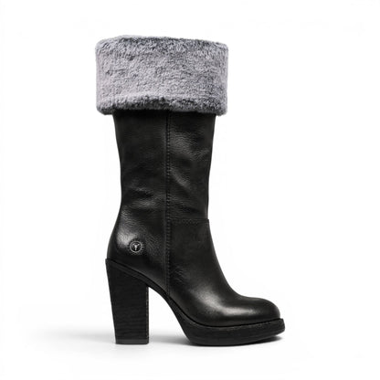 Windsorsmith Womens Mid Calf Black Leather High Heel Fur Boots - Lovestruck
