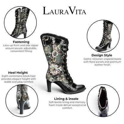 Laura Vita Floral Womens Goth Victorian Black Leather Heeled High Boots - Alcbane-351