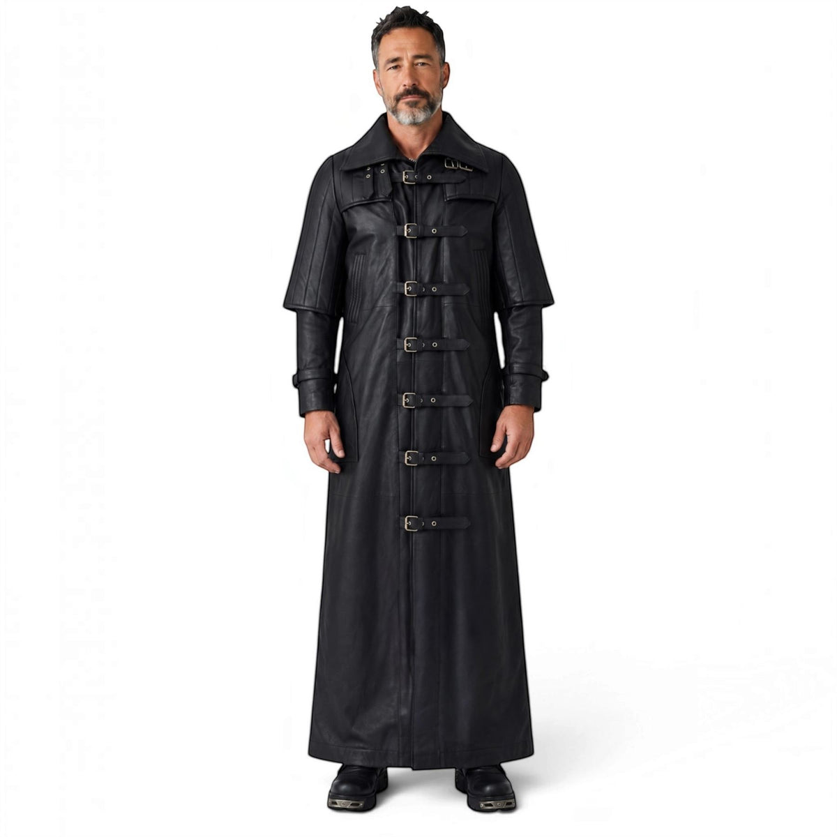 Mens Leather Full Length Buckle Gothic Long Trench Coat - Captain