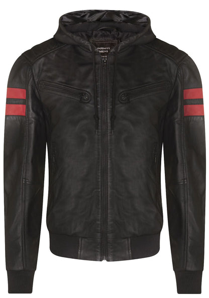Mens Leather Hooded Bomber Jacket - Cromer