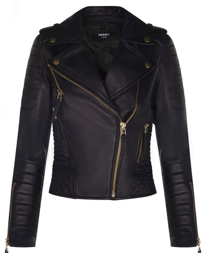Womens Quilted Brando Leather Biker Jacket-Loftus