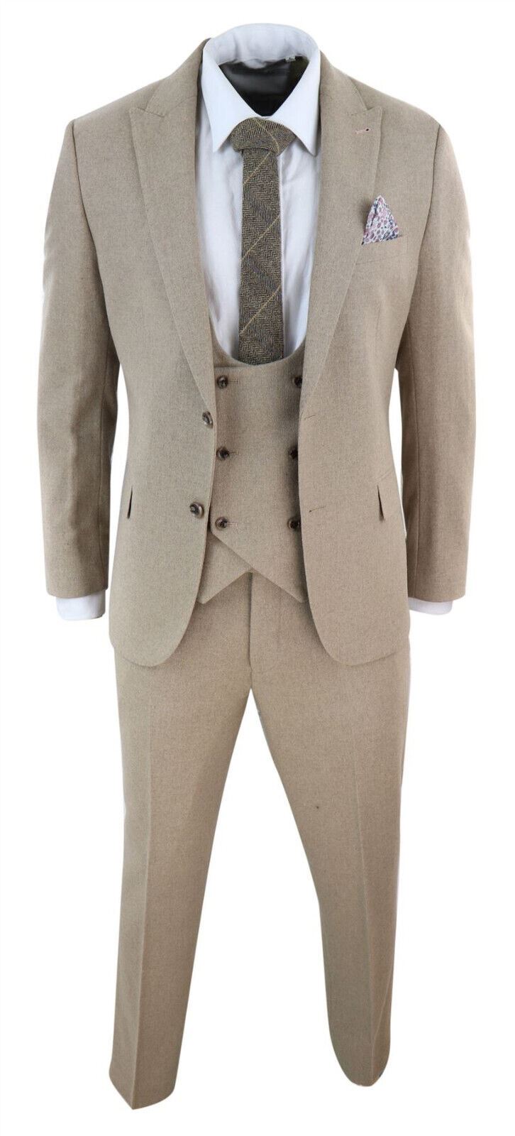 Mens Tweed 3 Piece Beige Formal Wedding Suit - Upperclass Fashions 
