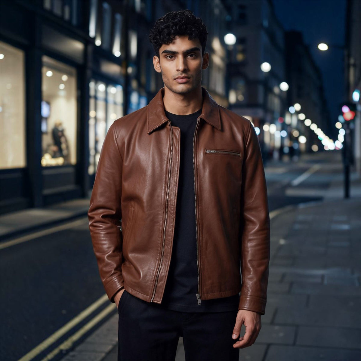 Mens Leather Harrington Collar Biker Jacket - Arick