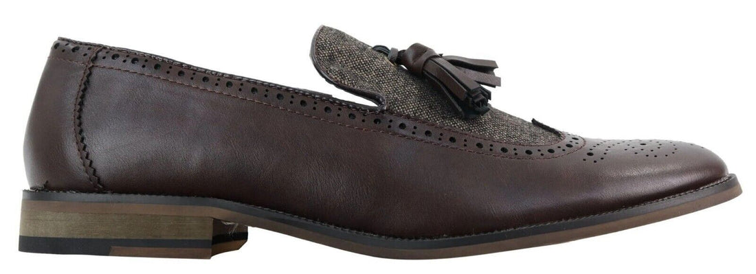 Mens Tasselled Brown Leather Tweed Brogue Slip on Loafers - Upperclass Fashions 