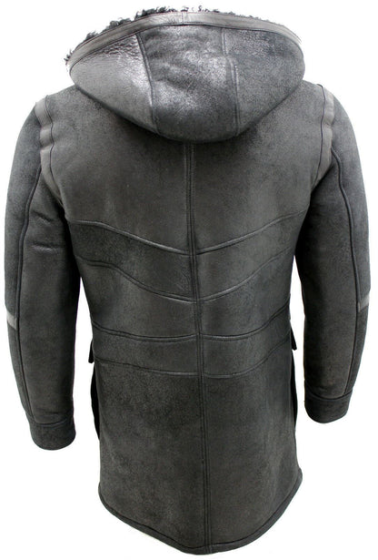 Mens Sheepskin Leather Hooded Duffle Coat-Langport