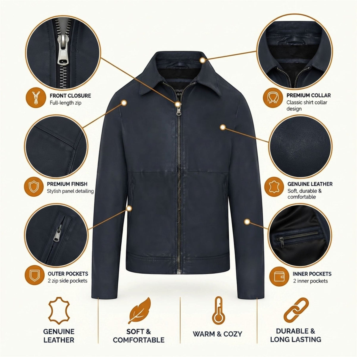 Mens Leather Harrington Collar Biker Jacket - Alpha
