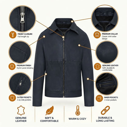 Mens Leather Harrington Collar Biker Jacket - Alpha