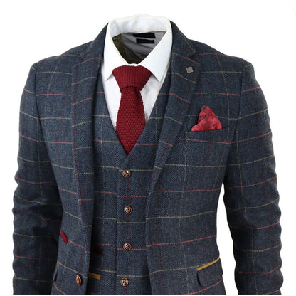 Mens Navy Tweed Check 3-Piece Suit - Upperclass Fashions 
