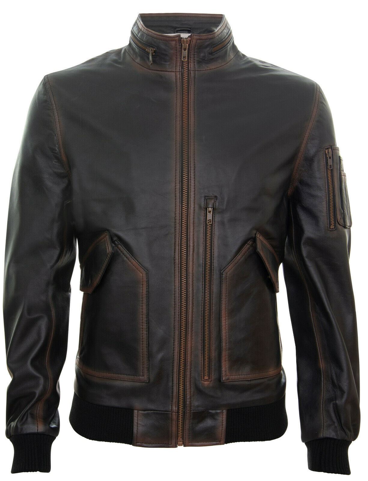 Mens Zipped Leather Bomber Biker Jacket-Barnet