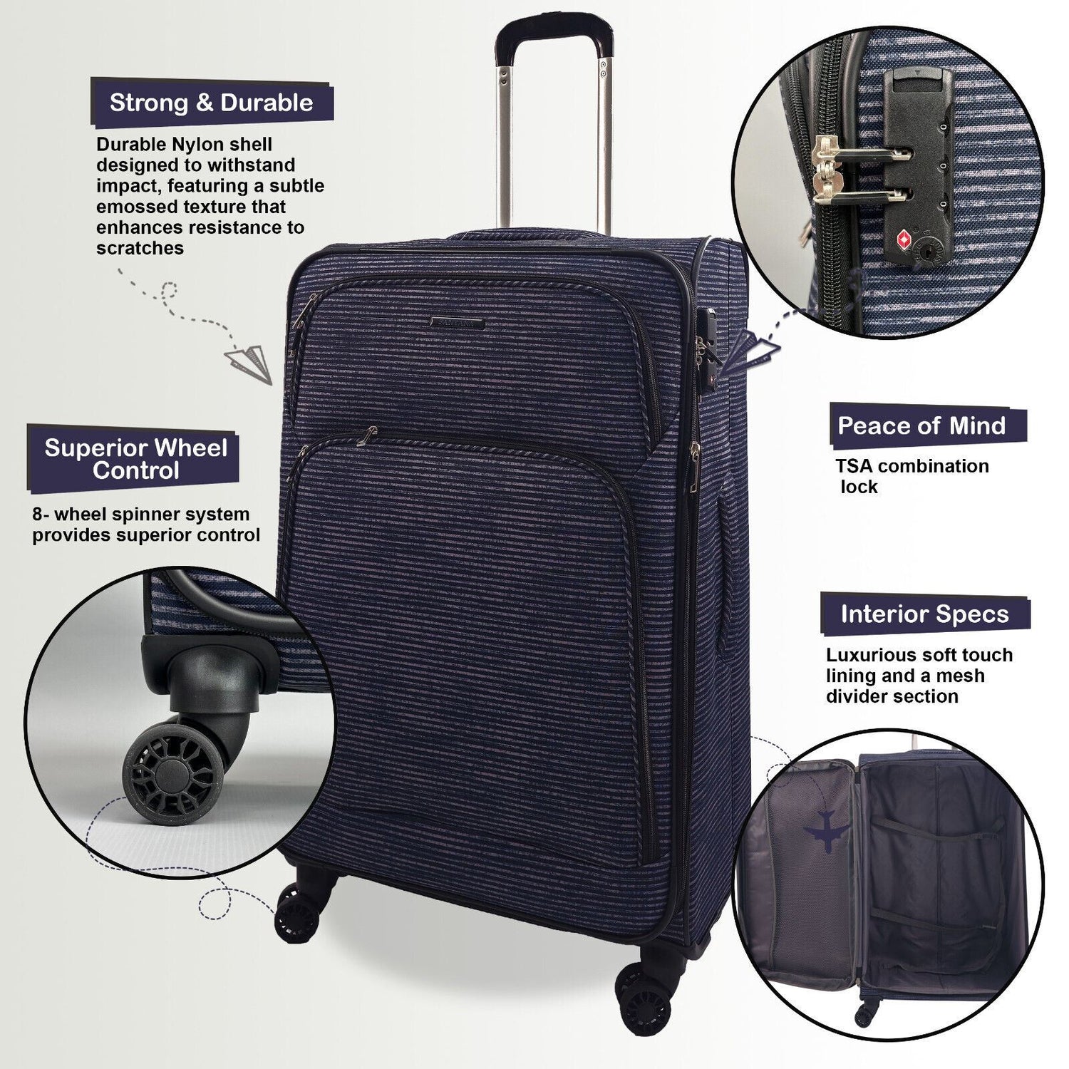 Ashville Large Soft Shell Suitcase in Lines
