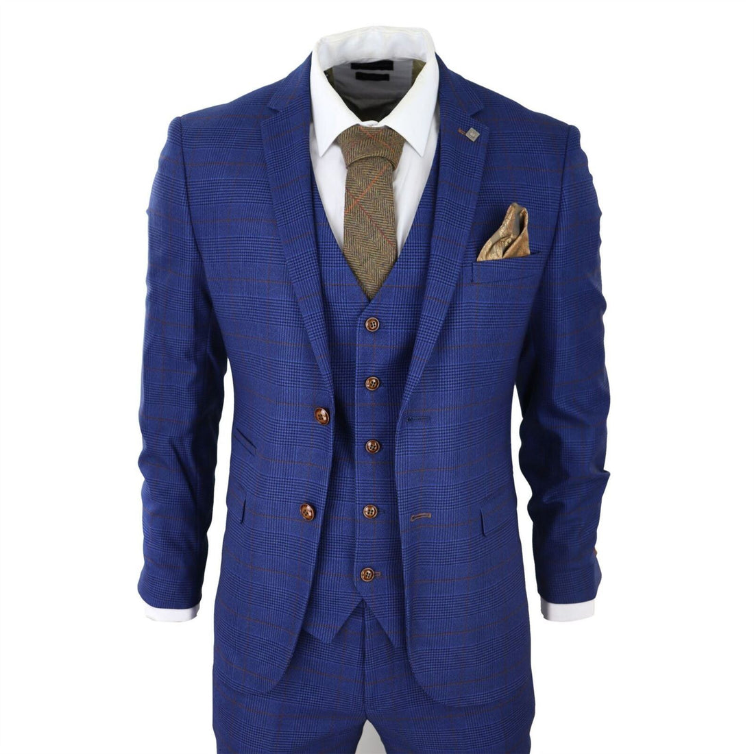 Mens Blue Brown Check 3 Piece Tailored Fit Suit