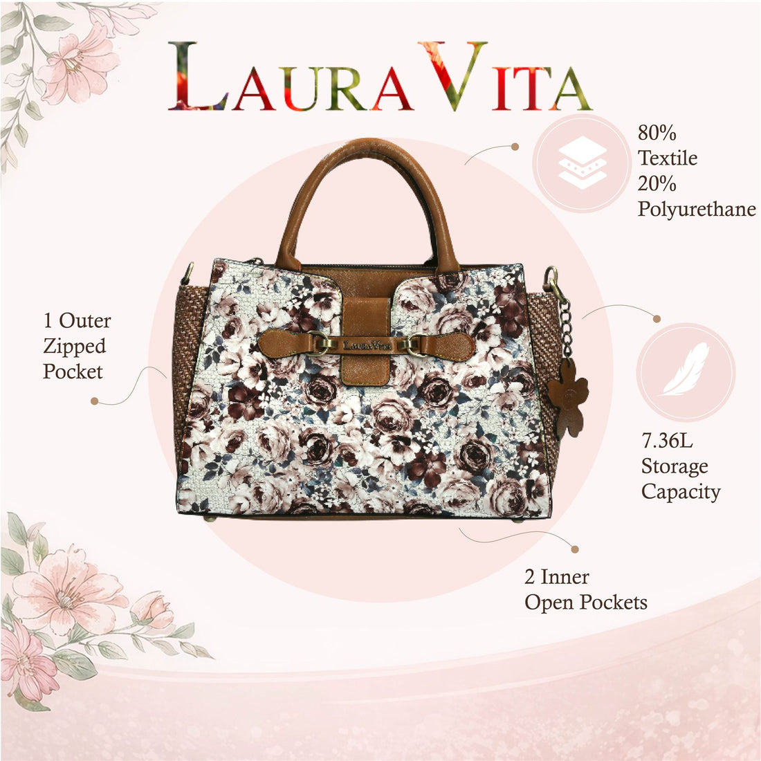 Laura Vita Aramis-08 Womens Tan Floral Print Adjustable Straps Shoulder Tote Handbag