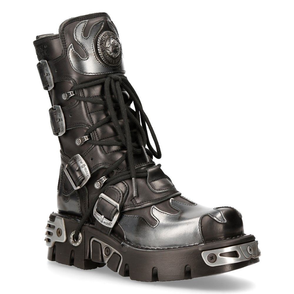 New Rock Flame Accented Black/Silver Leather Boots-591-S2