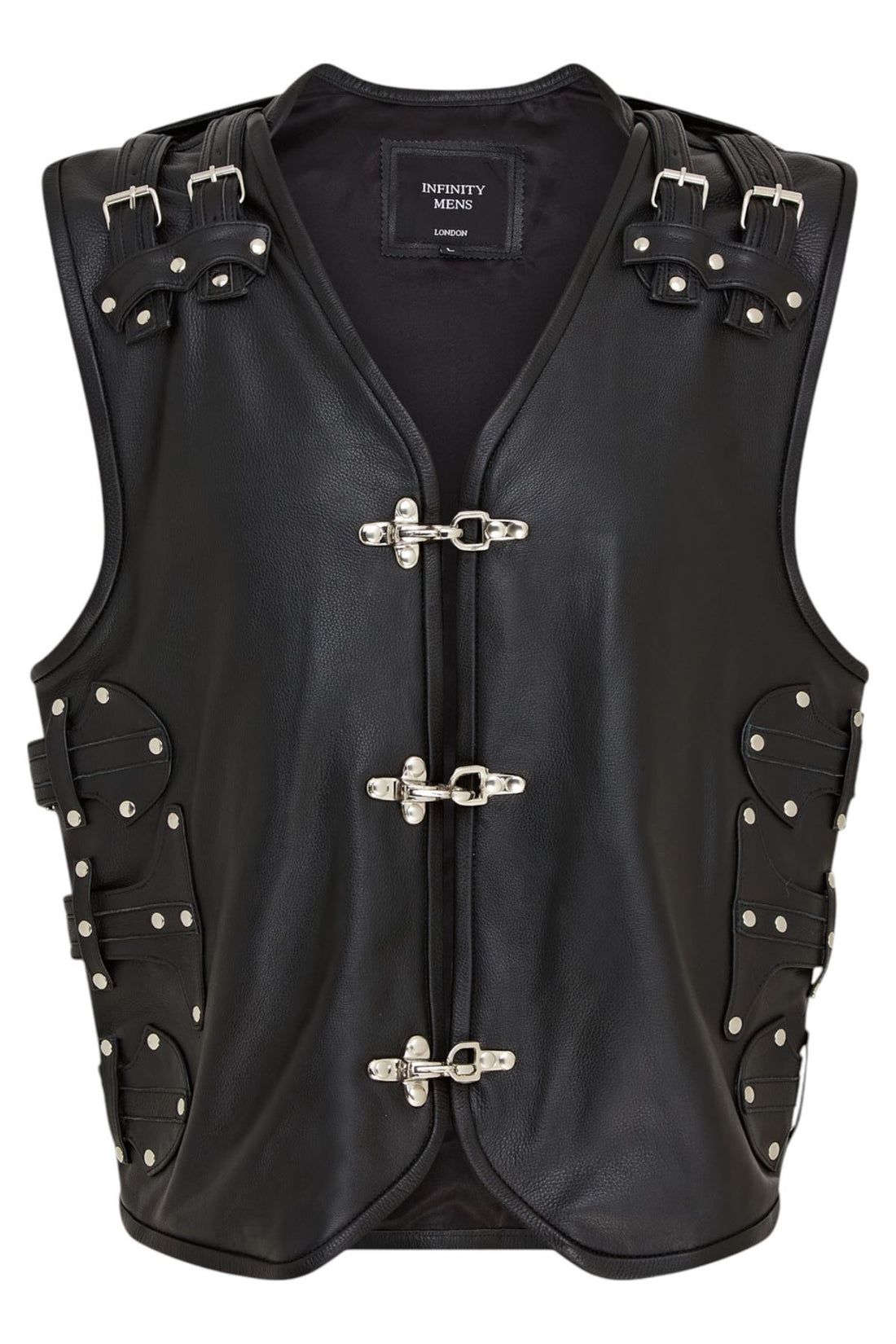 Men’s Black Biker Leather Waistcoat Metal Buckles Vest - Coolgardie