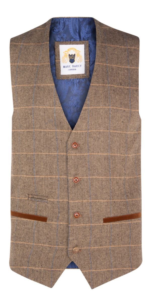 Marc Darcy Mens Tan Brown Tweed Waistcoat Peaky Blinders Check Wool Herringbone