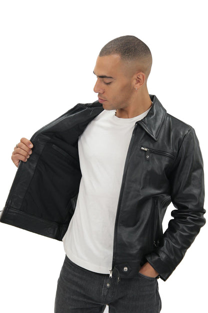 Mens Black Cowhide Leather Harrington Jacket-Skipton