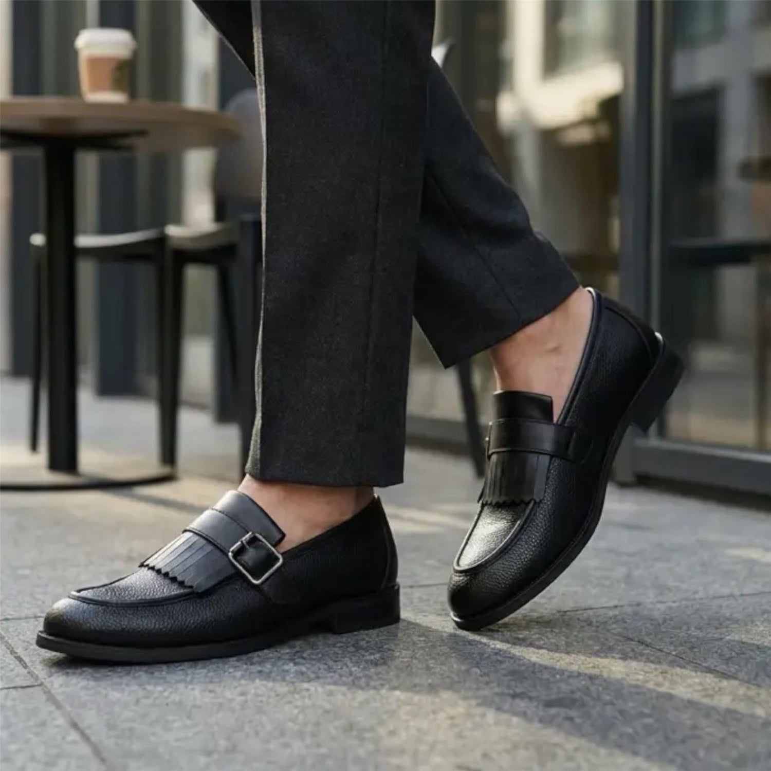 Mens Faux Leather Black Fringe Monk Strap Slip-On Loafers Shoes