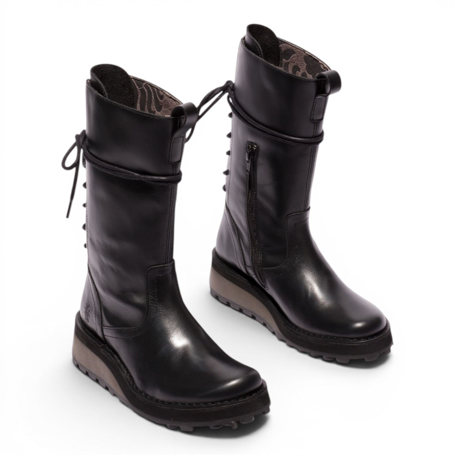 Fly London Women’s Black Leather Mid-Calf Long Boots - HEIG229