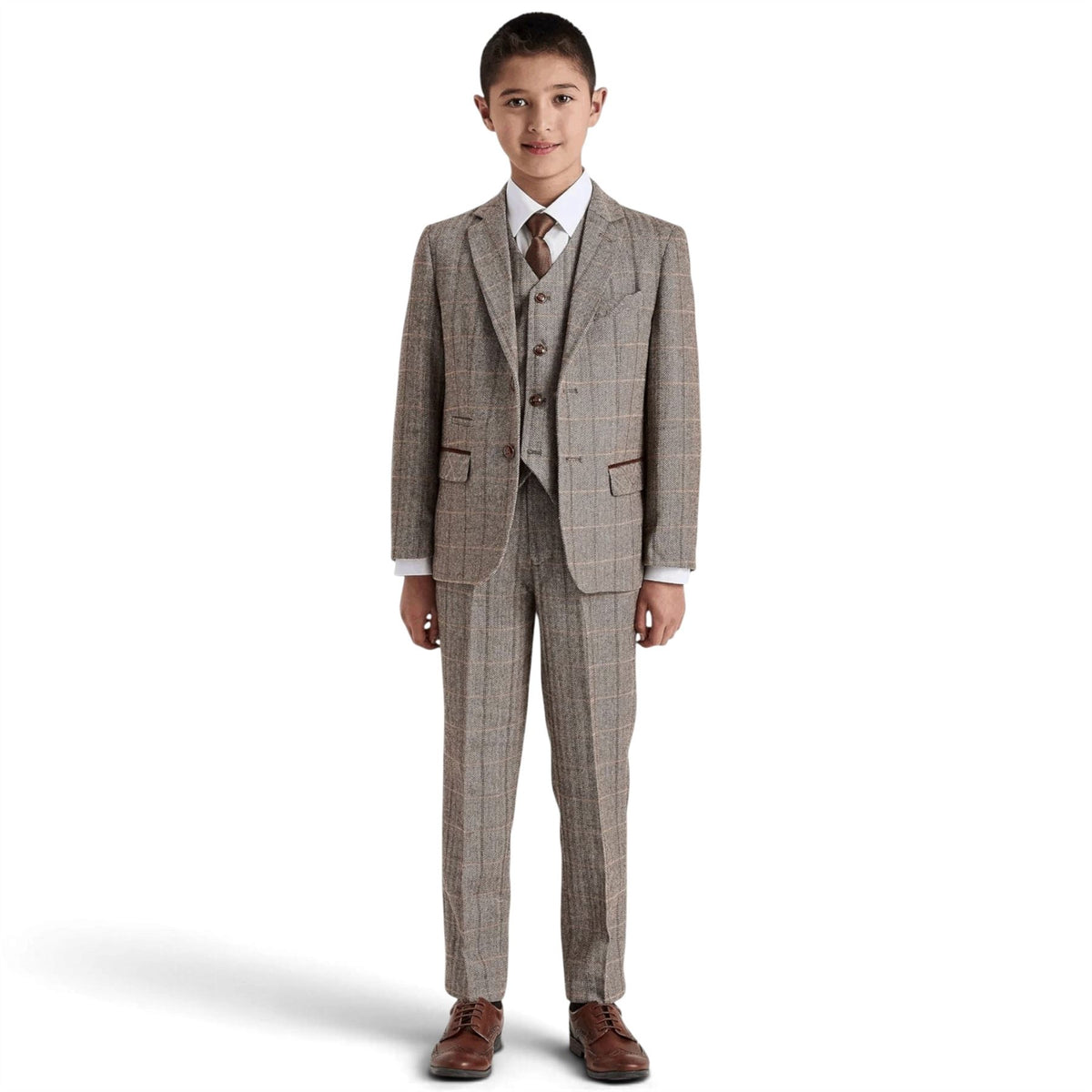 Boys Brown Tailored Fit Tweed 3 Piece Formal Suit - Harris