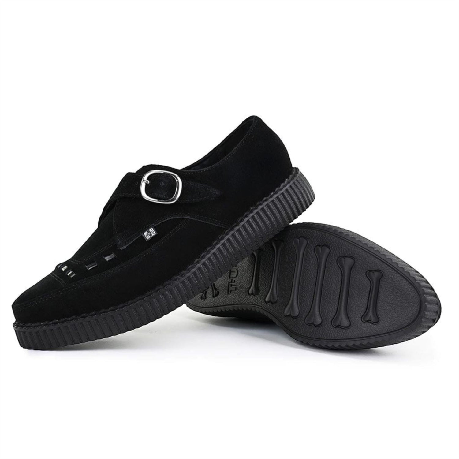 TUK Pointed Creeper Black Suede Monk Buckle Platform Shoes - A8139