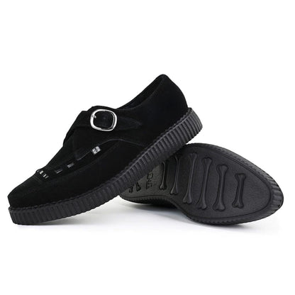 TUK Pointed Creeper Black Suede Monk Buckle Platform Shoes - A8139