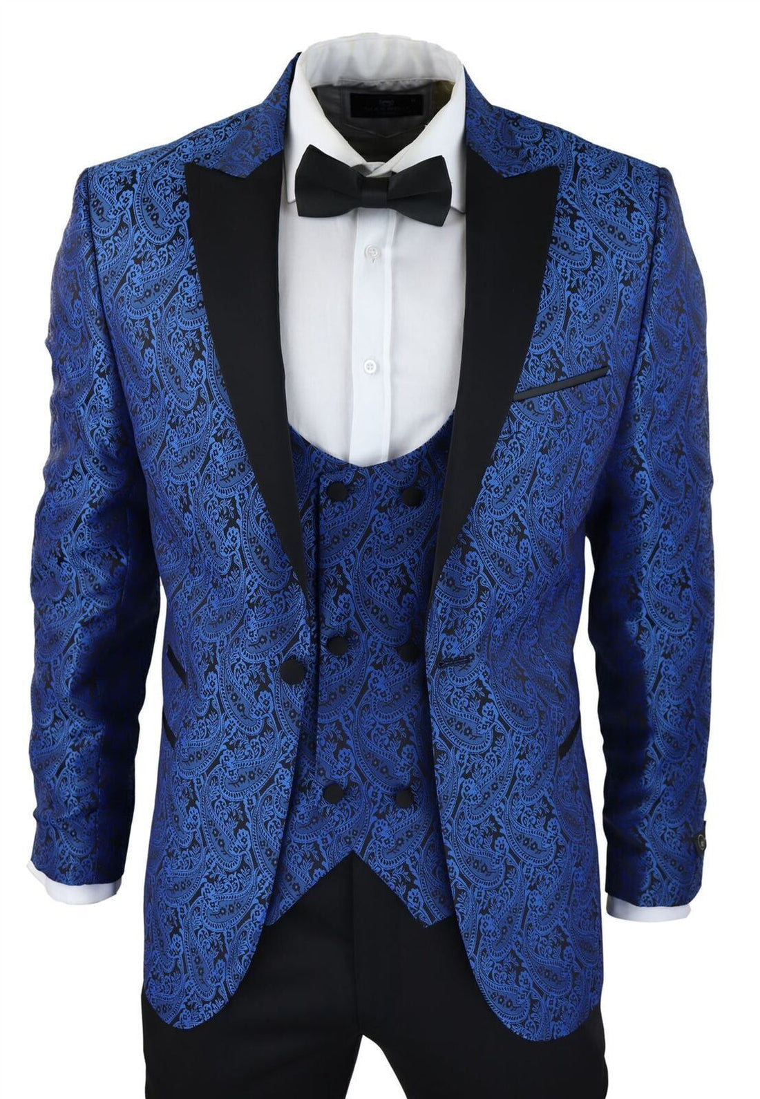 Mens Blue Tuxedo Blazer Waistcoat Brocade Black Satin Paisley Dinner Jacket