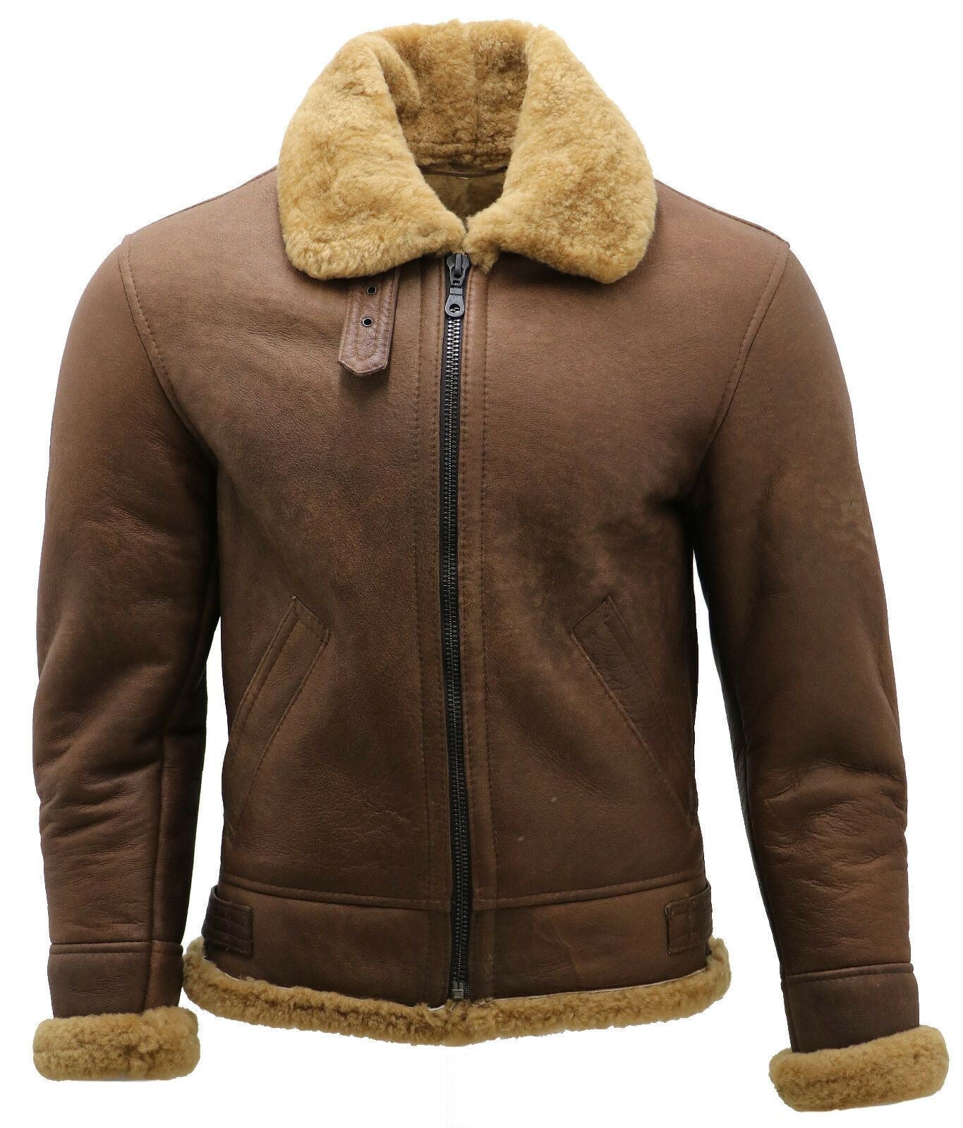Mens Brown B3 Airforce Flight Sheepskin Shearling Leather Jacket Fur C