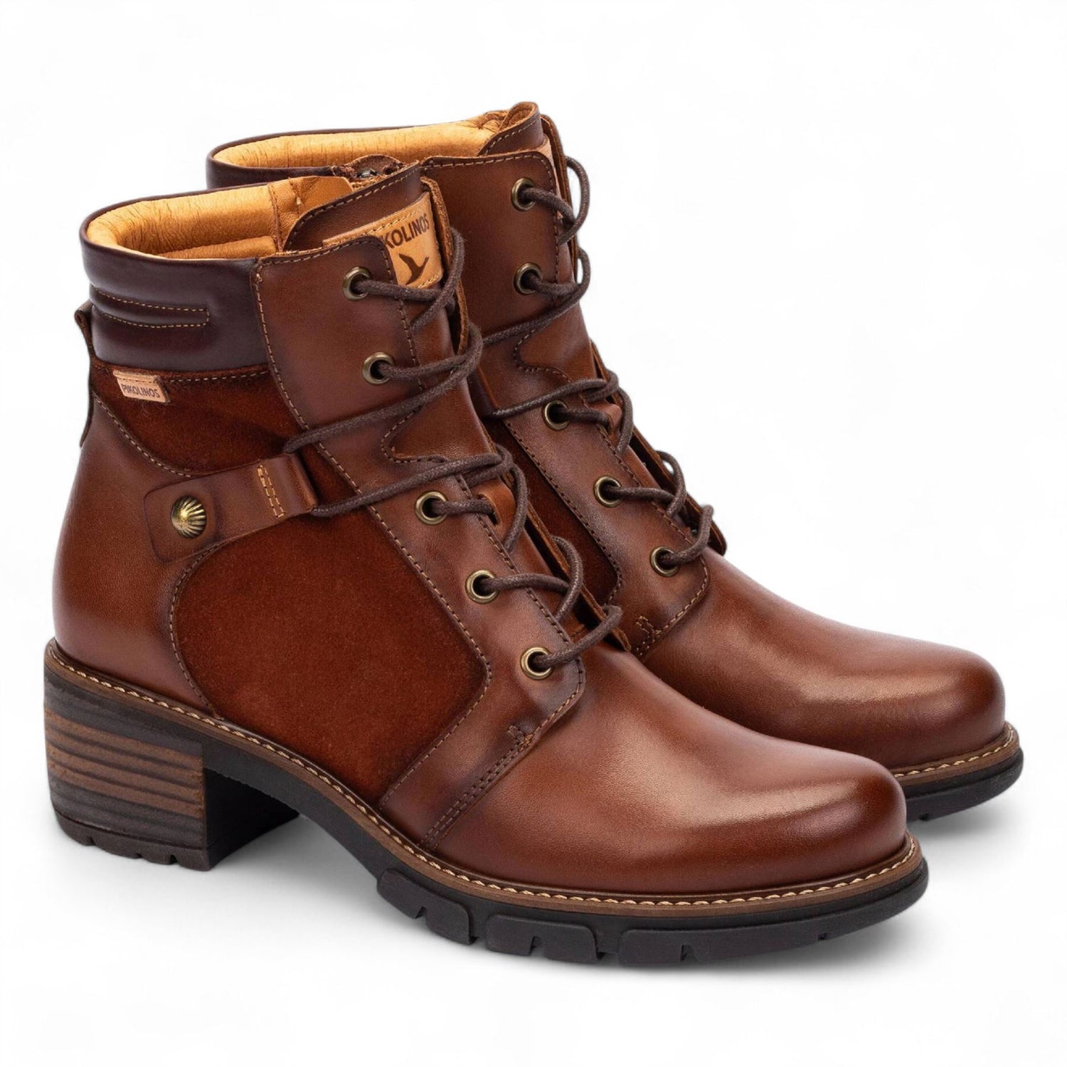 Pikolinos Women’s Cuero Brown Leather Zip &amp; Lace Up Heel Ankle Boots - San Sebastia